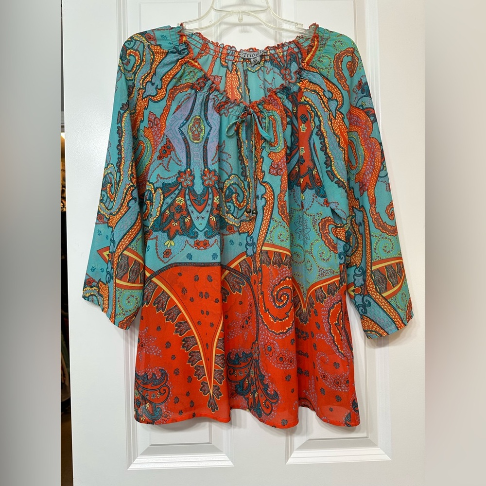 Aqua Blue and Orange Tie Front Tunic with Relaxed Fit